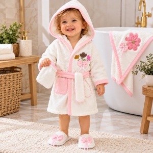 Set baie bebe fetita 4 piese din bumbac, halat cu gluga, prosop, manusa si papuci, flori, alb-roz