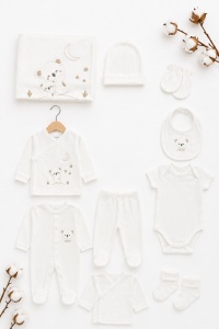 Set bebe 10 piese alb din bumbac moale nou nascut complet