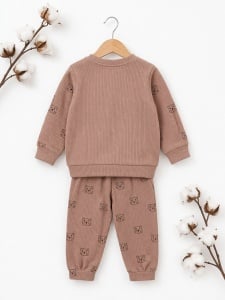 Set bebe 2 piese bumbac ribat maro cu ursulet, bluza pantaloni nou nascut - Img 4
