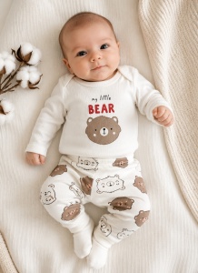 Set bebe 2 piese din bumbac alb body si pantaloni my little bear