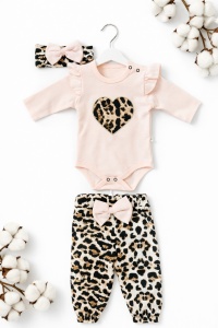 Set bebe 3 piese body pantaloni bentita leopard roz inimioara bumbac fete - Img 2