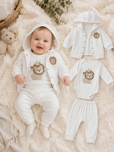 Set bebe 3 piese bumbac alb cu leu, body pantaloni hanorac nou nascut premium