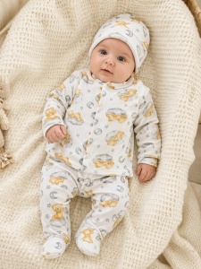 Set bebe 3 piese bumbac ribat cu ursuleti, bluza pantaloni caciulita
