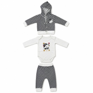 Set bebe 3 piese din bumbac alb-negru cu hanorac cu gluga, body si pantaloni - Img 5