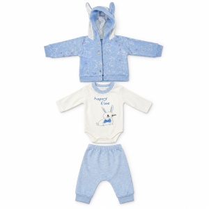 Compleu baiat bleu cu jacheta, bluza imprimata si pantaloni, fotografie de produs pe fundal alb