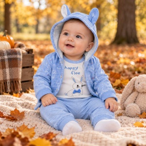 Set bebe 3 piese din bumbac cu hanorac, body si pantaloni bleu