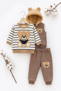 Set bebe 3 piese maro din bumbac cu bluza, vesta cu gluga si pantaloni pentru bebelusi - Img 2