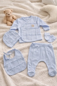 Set bebe 5 piese albastru pastel bumbac bluza pantaloni caciula bavetica