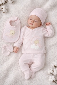 Set bebe 5 piese bumbac roz cu pantaloni, bluza, caciulita, bavetica si manusi
