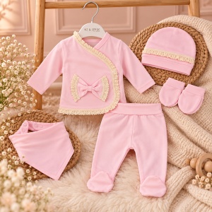 Set bebe 5 piese bumbac roz, fundita si dantela, pantaloni cu botosei integrati - Img 2