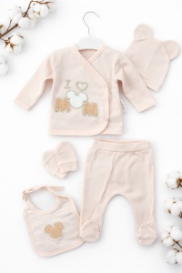 Set bebe 5 piese roz banan I Love Mom bluza pantaloni caciula baveta manusi