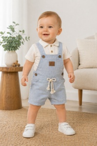 Set bebe baiat 2 piese camasa si salopeta cu bretele culoare bleu deschis