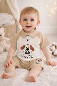 Set bebe baiat 2 piese tricou si pantaloni scurti bumbac model cute puppy