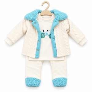 Set bebe baiat 3 piese bumbac, bluza cu motocicleta, pantaloni si jacheta crem bleu - Img 4