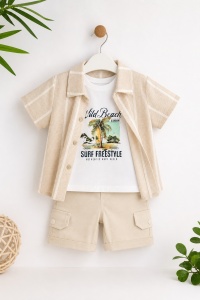 Set bebe baiat 3 piese camasa bej tricou imprimeu si pantaloni scurti vara - Img 2