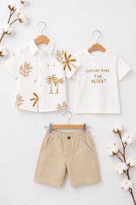 Set bebe baiat 3 piese camasa imprimeu tricou si pantaloni scurti vara casual - Img 3