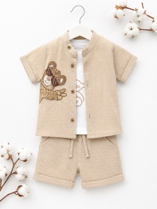 Set bebe baiat 3 piese camasa muselina tricou bumbac si pantaloni bej elegant vara - Img 2