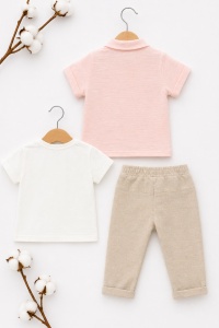 Set bebe baiat 3 piese camasa muselina tricou bumbac si pantaloni in casual vara - Img 4