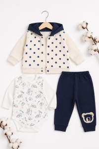 Set bebe baiat 3 piese cu hanorac – body imprimeu urs si pantaloni bleumarin - Img 2