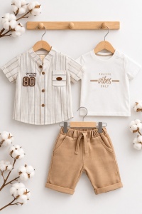 Set bebe baiat 3 piese din bumbac camasa tricou si pantaloni scurti casual, fotografie de produs pe fundal alb