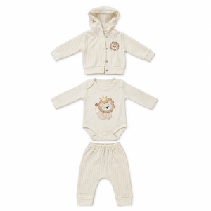 Set bebe baiat 3 piese din bumbac crem cu hanorac body si pantaloni model leu - Img 4