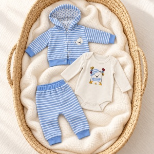 Set bebe baiat 3 piese din bumbac, hanorac cu gluga, body si pantaloni, bleu cu ursulet