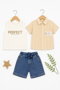 Set bebe baiat 3 piese tricou maiou camasa crem si pantaloni scurti denim vara, fotografie de produs pe fundal alb