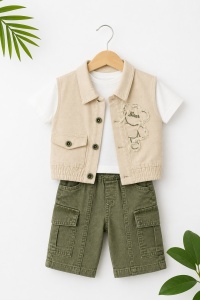 Set bebe baiat 3 piese tricou vesta si pantaloni scurti cargo casual - Img 3