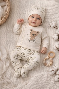 Set bebe baiat 3 piese ursulet bluza pantaloni si caciulita crem verde