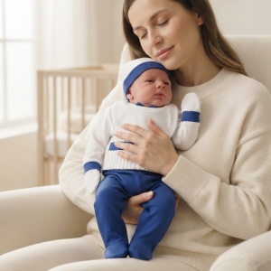 Set bebe baiat 5 piese din bumbac alb si albastru cu papion si pantaloni cu botosei - Img 3