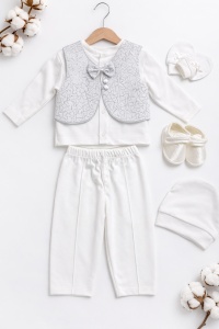 Set bebe baiat alb elegant 6 piese, cu vesta si papion - Img 3