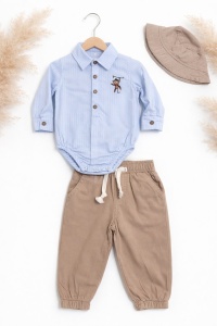 Set bebe baiat elegant body camasa albastra pantaloni bej palarie 3 piese casual - Img 2
