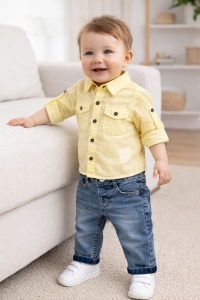 Set bebe baieti 2 piese camasa galbena si blugi compleu copii baiat elegant