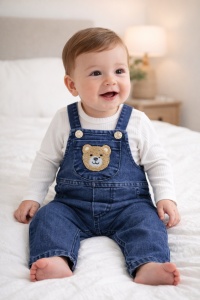 Set bebe baieti salopeta denim cu ursulet si bluza alba cu maneca lunga