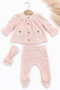 Set bebe fete roz pudra 3 piese elegant bluza dantela pantaloni bentita - Img 2