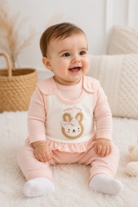 Set pentru bebe din 100% bumbac cu bluza si salopeta roz pudrat decorata cu iepuras brodat si fundita 3D