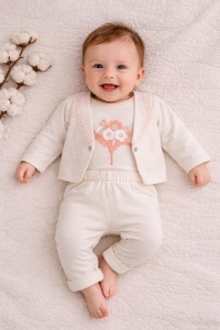 Set bebe fetita 3 piese din bumbac body pantaloni si jacheta eleganta cu broderie