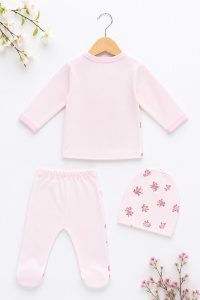 Set bebe fetita 3 piese roz cu imprimeu floral si broderie trandafir din bumbac - Img 4