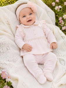 Set bebe fetita 3 piese roz pudrat din bumbac cu bentita si dantela eleganta