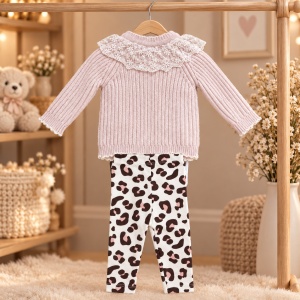 Set bebe fetita 4 piese cu body, cardigan tricotat din lana, pantaloni animal print si caciulita, roz - Img 4