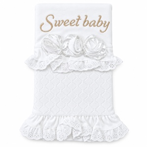 Set bebe fetita din bumbac 10 piese, alb, model elegant cu trandafiri si dantela - Img 3
