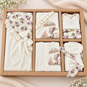 Set bebe fetita din bumbac 10 piese, crem cu imprimeu floral si iepuras - Img 2