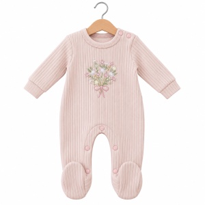 Set bebe fetita din bumbac 10 piese, roz pudrat, model floral - Img 4