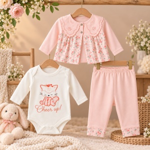 Set bebe fetita din bumbac 3 piese cu body vulpita, cardigan floral si pantaloni roz - Img 2