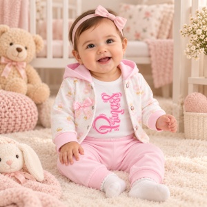 Set bebe fetita din bumbac 3 piese cu hanorac cu gluga, body si pantaloni roz