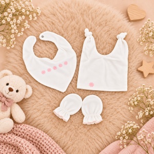 Set bebe fetita din bumbac, bluza, pantaloni cu botosei, caciulita, baveta si manusi, alb, floricele roz - Img 4