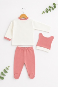 Set bebe fetita roz 3 piese din bumbac cu bluza pantalon si caciulita model pinguin - Img 3