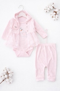 Set bebe fetite 3 piese roz cu lebada, body pantaloni si jacheta