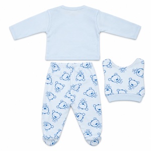 Set bebe ursulet din bumbac 3 piese bleu cu pantaloni imprimati si botosei integrati - Img 4
