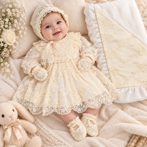 Set botez de lux fetita 5 piese, rochita ivoire din dantela, paturica, boneta, manusi si botosei